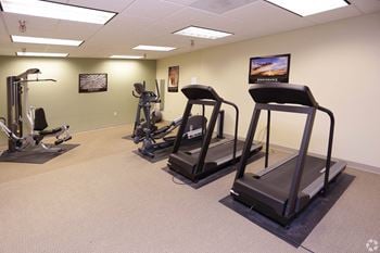 A room with three treadmills and two elliptical machines